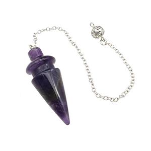 Natural Purple Amethyst Dowsing Pendulum Pendant With Chain Platinum Plated, approx 18-48mm, 16cm length