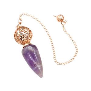 Natural Purple Amethyst Dowsing Pendulum Pendant With Copper Hollow Ball Chain Rose Gold, approx 15-30mm, 18mm, 16cm length