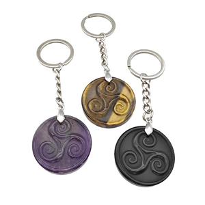Natural Gemstone Triskelion Keychain Circle Alloy Platinum Plated Mixed, approx 32mm, 25mm