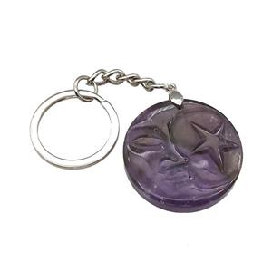 Purple Amethyst MoonStar Keychain Circle Alloy Platinum Plated, approx 32mm, 25mm