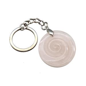 Pink Rose Quartz Spiral Keychain Circle Alloy Platinum Plated, approx 32mm, 25mm