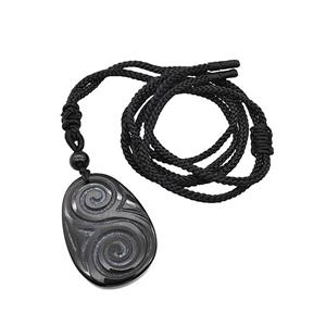 Natural Black Obsidian Spiral Necklace Flat Teardrop Black Nylon Rope, approx 25-35mm