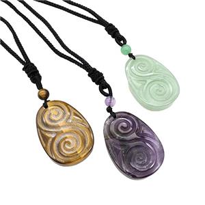 Natural Gemstone Spiral Necklace Flat Teardrop Black Nylon Wire Rope Mixed, approx 25-35mm