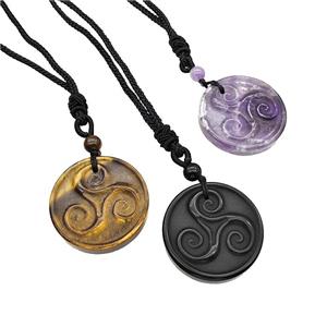 Natural Gemstone Triskelion Necklace Circle Black Nylon Cord Rope Mixed, approx 32mm