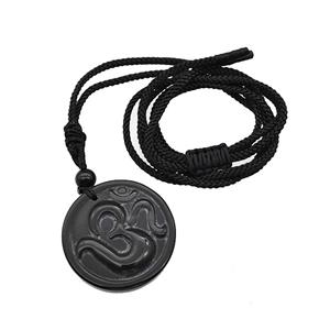 Natural Black Obsidian Hinduism Necklace Circle Black Nylon Rope, approx 32mm