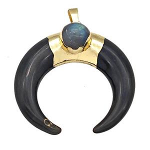 Black Obsidian Horn Pendant With Labradorite Gold Plated Crescent, approx 38mm