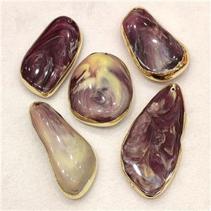 Synthetic Amber Pendant Mixed Shape Resin Purple Gold Plated, approx 30-70mm