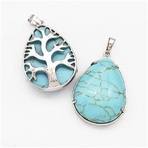 Blue Synthetic Turquoise Teardrop Pendant Tree Platinum Plated, approx 25-33mm