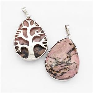 Natural Chinese Rhodonite Teardrop Pendant Tree Platinum Plated, approx 25-33mm