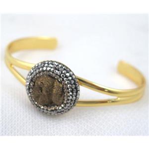 agate druzy cuff bangle pave rhinestone, copper, gold plated, approx 25mm bead, 60mm