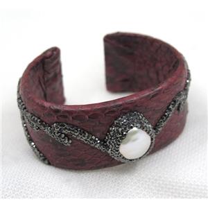 white pearl cuff bangle pave rhinestone, red snakeskin, alloy, approx 30mm, 60mm dia