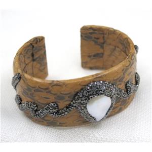 white pearl cuff bangle pave rhinestone, brown snakeskin, alloy, approx 30mm, 60mm dia