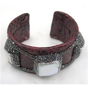white pearl cuff bangle pave rhinestone, red snakeskin, alloy, approx 40mm, 65mm dia
