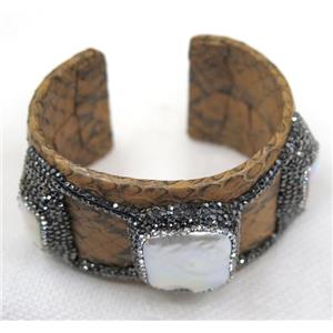 white pearl cuff bangle pave rhinestone, brown snakeskin, alloy, approx 40mm, 65mm dia