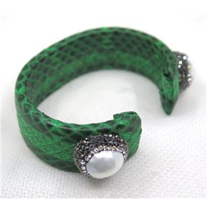 white pearl cuff bangle pave rhinestone, green snakeskin, alloy, approx 20mm, 60mm dia