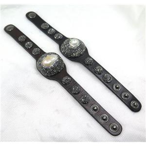 white pearl pave rhinestone, black PU cuff bracelet, approx 30mm, 20cm length