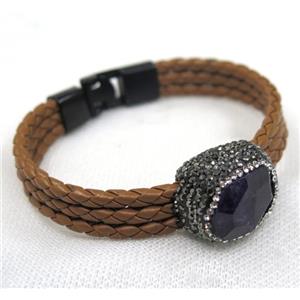 purple Amethyst pave rhinestone, coffee PU leather cuff bracelet, approx 60mm dia