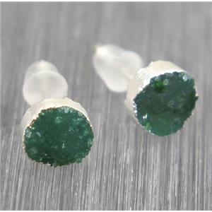 green Druzy agate earring studs, circle, 925 silver plated, approx 6mm dia