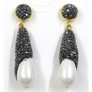 white pearl shell earring pave rhinestone, approx 10x30mm
