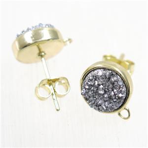 silver druzy quartz earring studs, flat-round, gold plated, approx 10mm dia