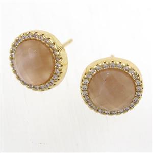 peach MoonStone earring studs paved zircon, circle, gold plated, approx 11mm dia