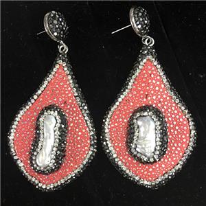 freshwater Pearl earring with red PU leater pave rhinestone, approx 28-45mm
