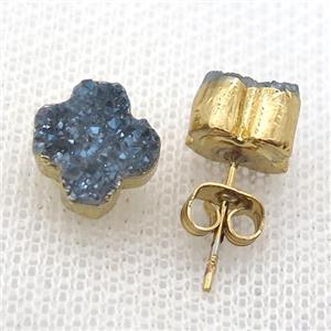 grayblue druzy agate earring studs, gold plated, approx 10mm