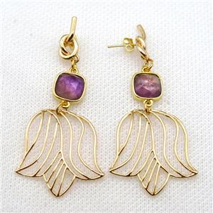 copper earrings with amethyt, gold plated, approx 28-60mm