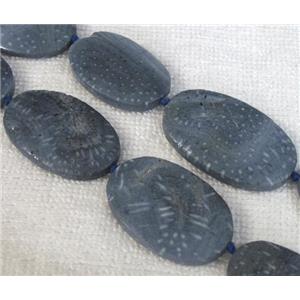 Coral Fossil Beads, chrysanthemum, blue, flat oval, approx 21x33-24x35mm, 16 inches