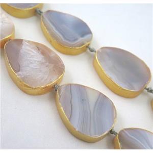 natural Agate beads, teardrop, dark-gold plated, approx 20-30mm, 15.5 inches
