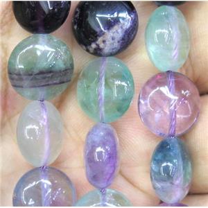 rainbow Fluorite beads, flat-round, approx 10mm dia, 15.5 inches