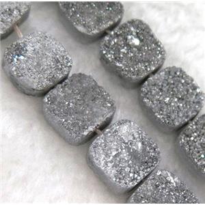 druzy quartz bead, square, silver electroplated, approx 12x12mm, 16pcs per st
