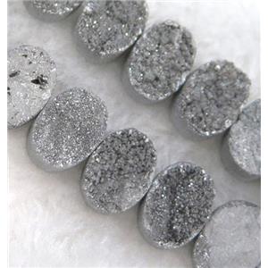 druzy quartz bead, oval, silver electroplated, approx 10x16mm, 20pcs per st