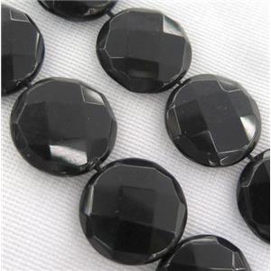 black agate onyx bead, faceted flat-round, approx 30mm dia
