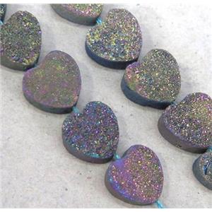 druzy quartz beads, heart, rainbow electroplated, approx 12mm dia