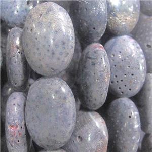 blue coral fossil stone bead, flat-oval, approx 13x18mm, 10mm thickness