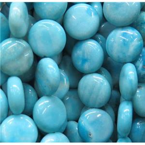 Larimar beads, flat round, stability, approx 10mm dia, 38pcs per st
