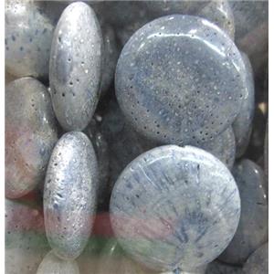 blue coral fossil stone bead, flat-round, approx 25mm dia, 8.5mm thickness
