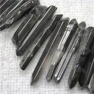 polished clear quartz beads, stick, half black electroplated, approx 20-40mm