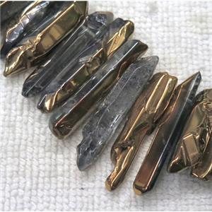 polished clear quartz beads, stick, half gold electroplated, approx 20-40mm