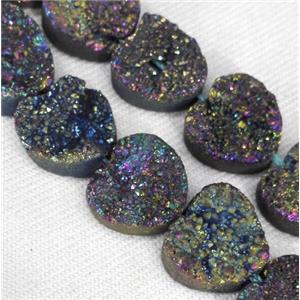 druzy quartz beads, heart, rainbow electroplated, approx 12mm dia, 17pcs per st