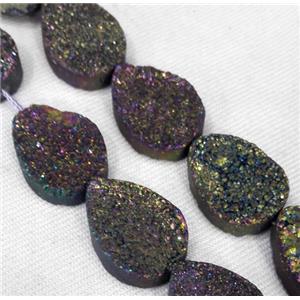 druzy quartz bead, teardrop, rainbow electroplated, approx 13x18mm