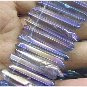 Clear Quartz stick beads, polished, lt.purple electroplated, approx 20-40mm