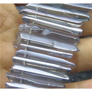Clear Quartz stick beads, polished, gray-blue electroplated, approx 20-40mm