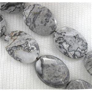 grey Picture Jasper beads, faceted oval, approx 30x40mm