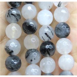 Black Rutilated Quartz Beads, faceted round, approx 12mm dia