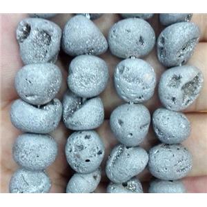 druzy agate beads, freeform, silver plated, approx 6-10mm, 15.5 inches length