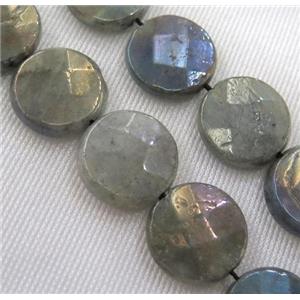 Labradorite bead, faceted round, AB color, approx 20mm dia