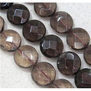 smoky quartz bead, faceted flat round, approx 8mm dia