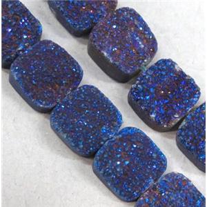 druzy quartz beads, square, blue electroplated, approx 12x12mm, 16pcs per st